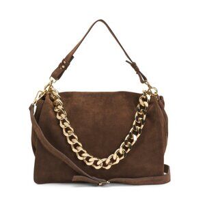 VIOLA CASTELLANI FANGO Made In Italy Suede Flap Over Shoulder Bag With Chain